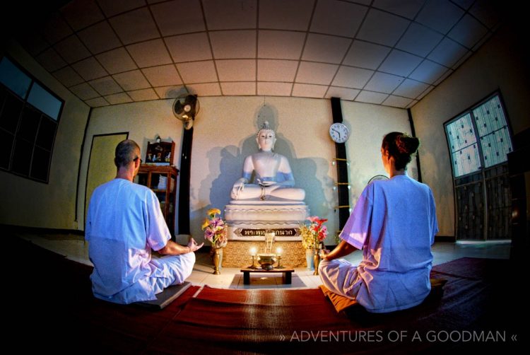 Me and Carrie meditating in the group meditation room of Wat Umong in Chiang Mai, Thailand