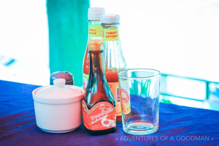 Most tables in Laos have a combination of catsup, fish sauce and sugar