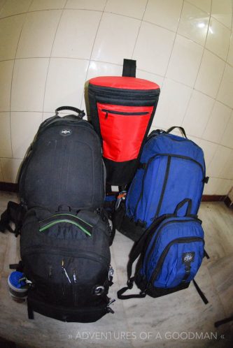 These four bags contained everything we needed for 8.5 months of travel ... plus a drum