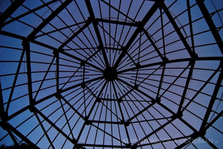 The underneath of a giant baseball cap at Anaheim's Angles Stadium in California