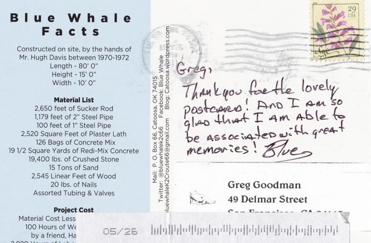 A postcard from the Catoosa Blue Whale in Oklahoma on Route 66