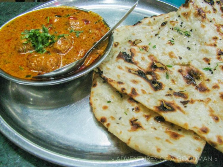 Butter Chicken and garlic naan in Rishikesh, India