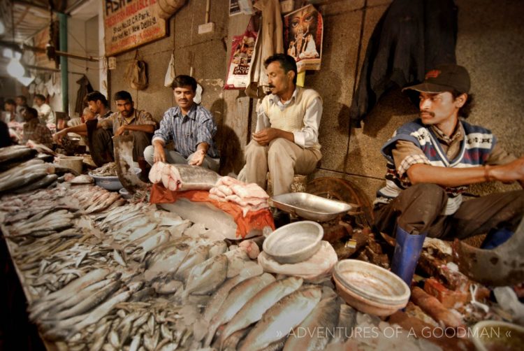 Inside the fish section of the Chittaranjan Park market in New Delhi, India