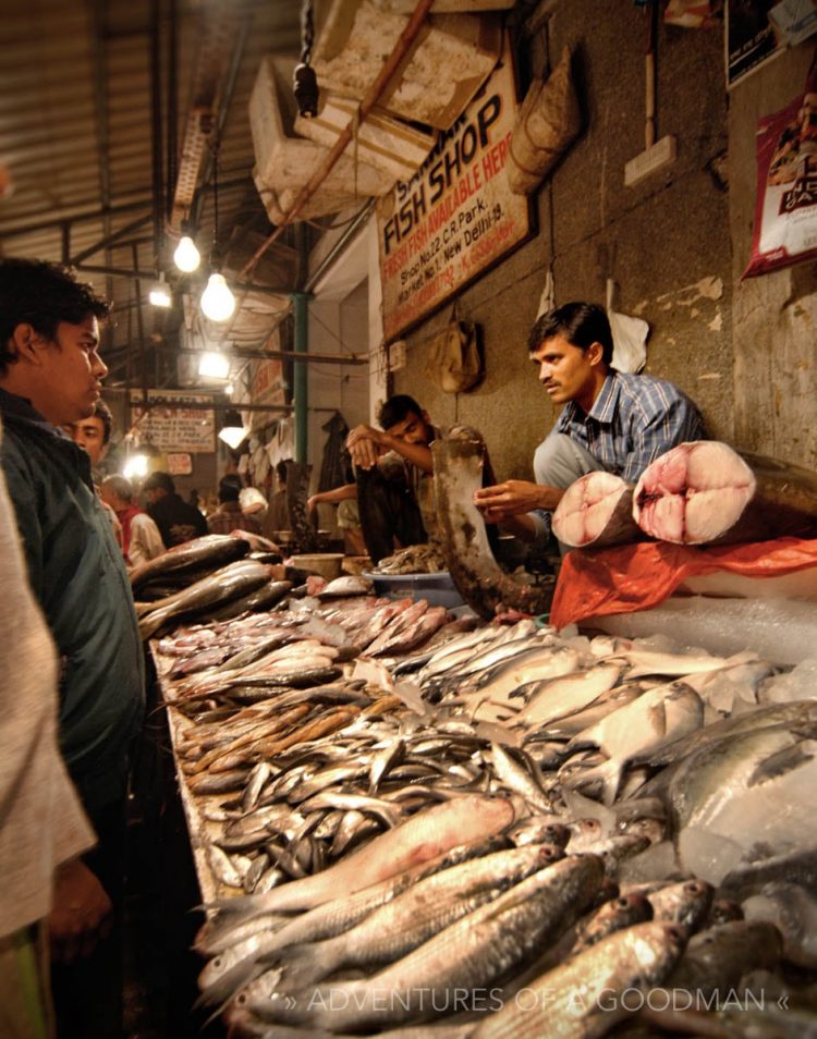 Inside the fish section of the Chittaranjan Park market in New Delhi, India