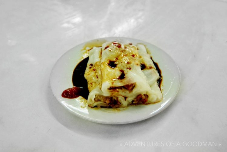 Pork dim sum an chilis with mushy rice noodles in soy sauce