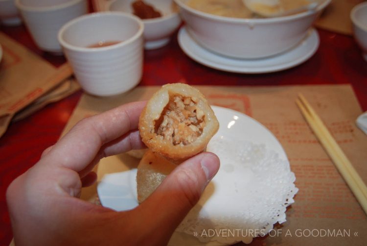 Inside a deep fried shrimp and pork dim sum in Hong Kong