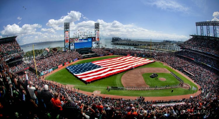 A pregame flyover above the American Flag during the 2011 San Francisco Giants MLB Home Opener