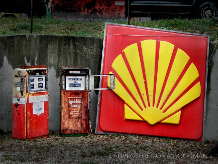 Old gas station signs and pumps can be found alongside Route 66