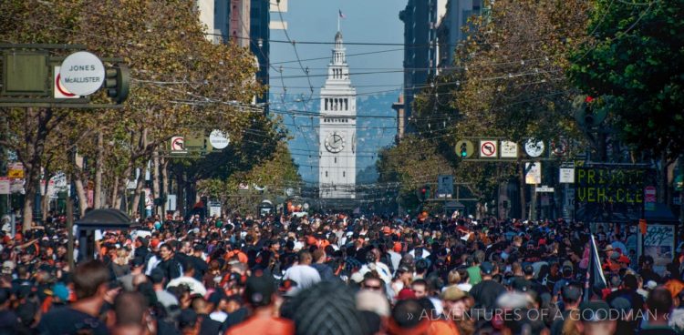 Crowds celebrating the San Francisco Giants World Series Victory