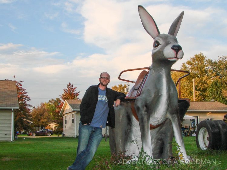 Posing with a gigantic hare at Henry's Rabbit Ranch in Staunton, IL