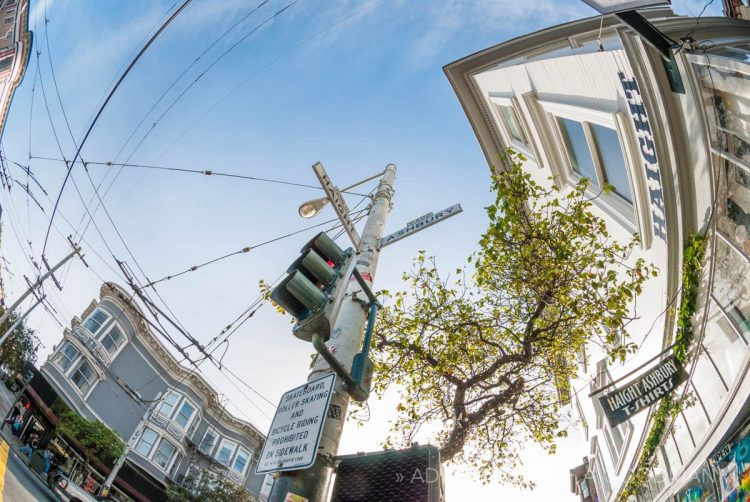Looking up at the historic intersection of Haight Street and Ashbury Street in San Francisco, CA