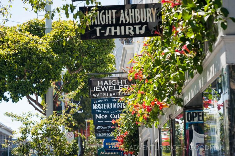 Shops and signs line Haight Street in San Francisco
