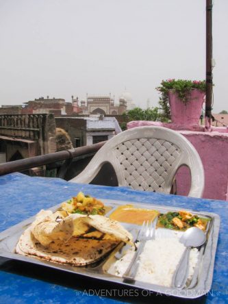 This is the thali I ate while gazing at the Taj Mahal in Agra, India