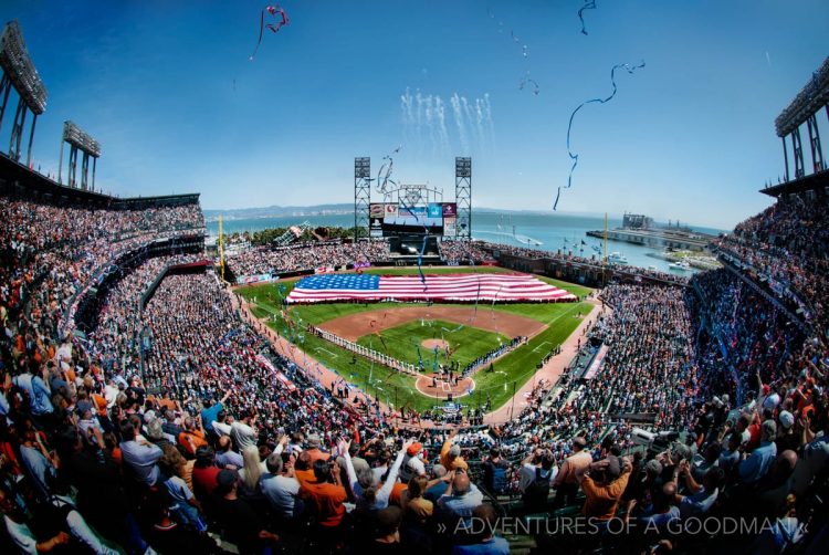 The giant American flag in centerfield during the San Francisco Giants 2010 home opener was the first of four displayed on the field during their World Championship season
