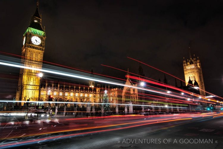 London's Big Ben clocktower, as seen at night from the busy streets below