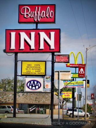 The Buffalo Inn is just one of the signs that pepper the streets of Route 66 in Canyon, Texas