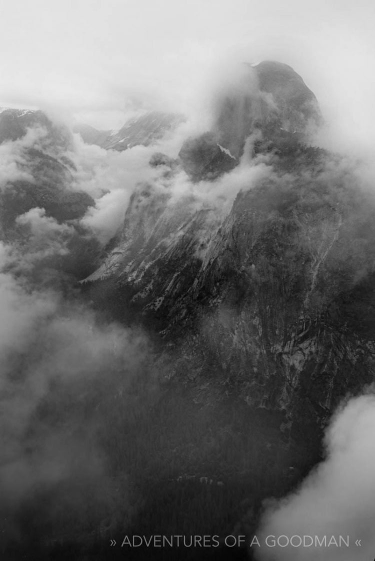 Half Dome is shrouded in fog during the winter at Yosemite National Park in California, USA