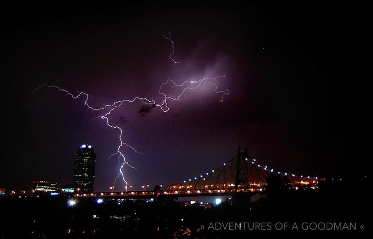 A huge bolt of lightning, as photographed from the Eastern side of Roosevelt island, NYC