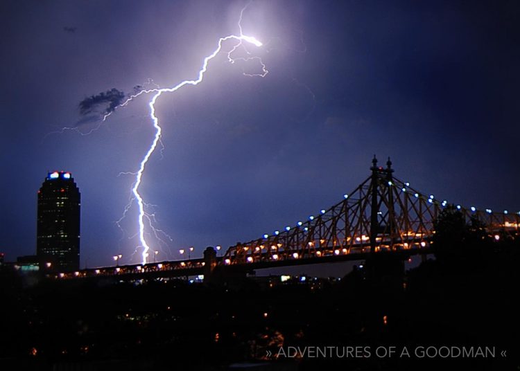 A bolt of lightning over the Queensboro Bridge and Long Island City