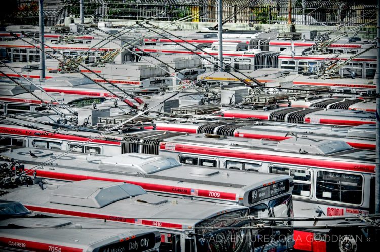 Dozens of zero emission trolleybuses parked at the MUNI Depot on 17th and Bryant