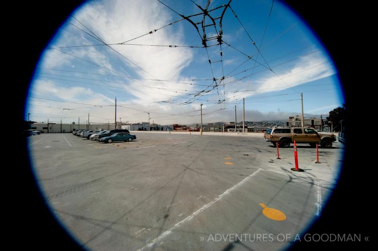 A full frame fisheye shot of the parking lot above the MUNI depot on 17th and Bryant in San Francisco
