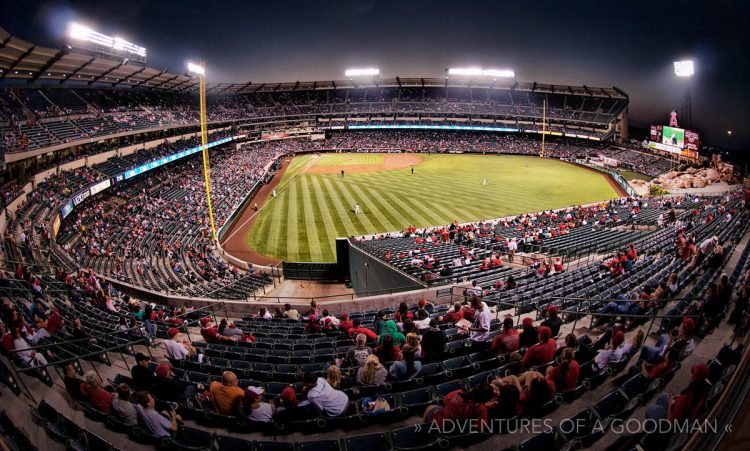 The view of Angel Stadium from the very last seat in the right field upper deck