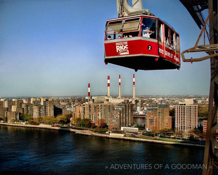 The Tram soars above Roosevelt Island, in the middle of the East River in NYC