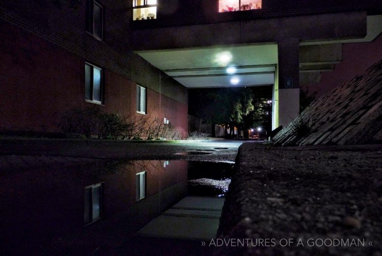 Reflections of the Westview apartment complex after a thunderstorm on Roosevelt Island