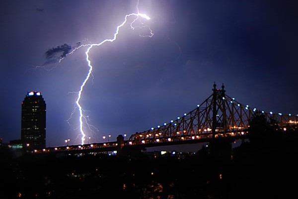 A bolt of lightning over the Queensboro Bridge and Long Island City