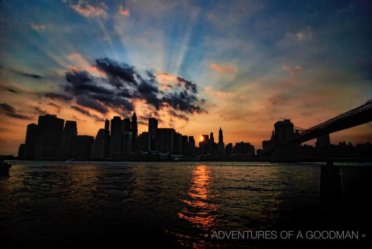 Downtown Manhattan, as seen from the dock below the Brooklyn Bridge in New York City