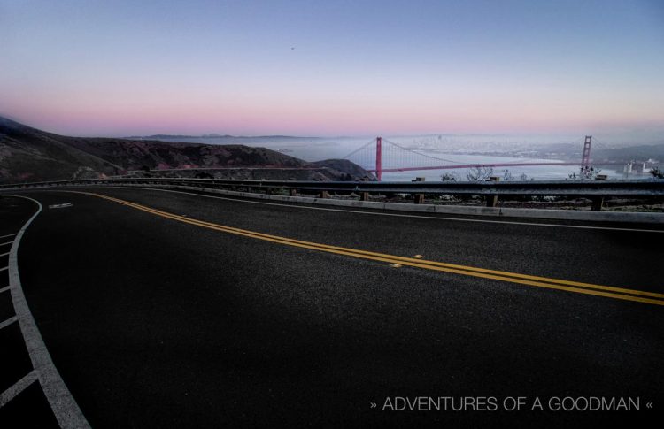 Sunset over the Golden Gate Bridge, as seen from the Marin Headlands - San Francisco