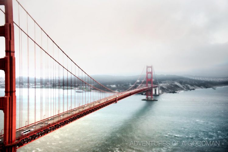 The Golden Gate Bridge connects Marin County to San Francisco, California