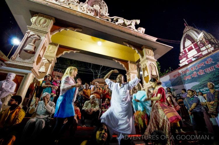 A Hare Krishna celebration on the ghats alongside the Ganges River near the Ram Jhula in Rishikesh