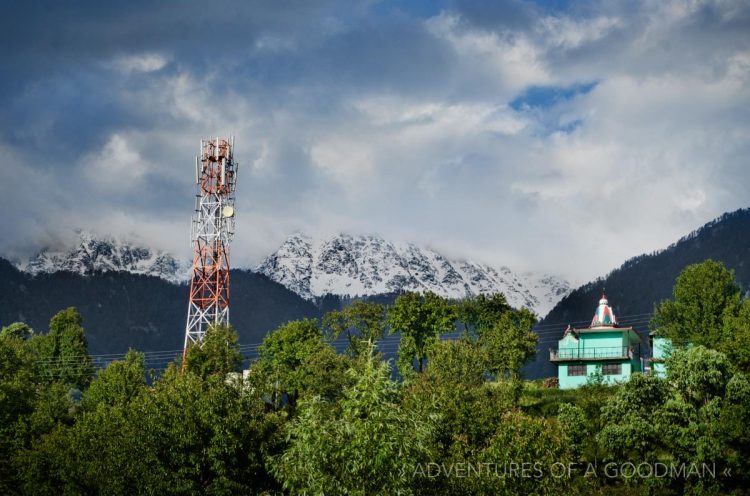 The Himalayas tower high above Naddi, in McLeod Ganj, Dharamasala