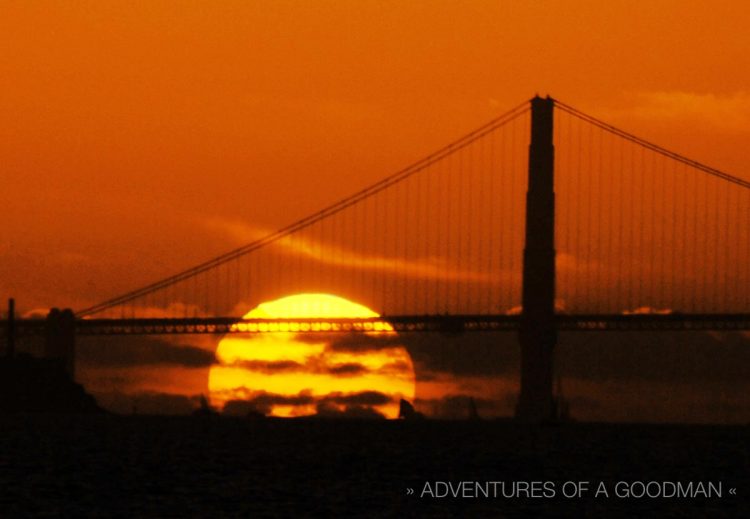 Sunset behind the Golden Gate Bridge and San Francisco, as seen from the Berkeley Yacht Club