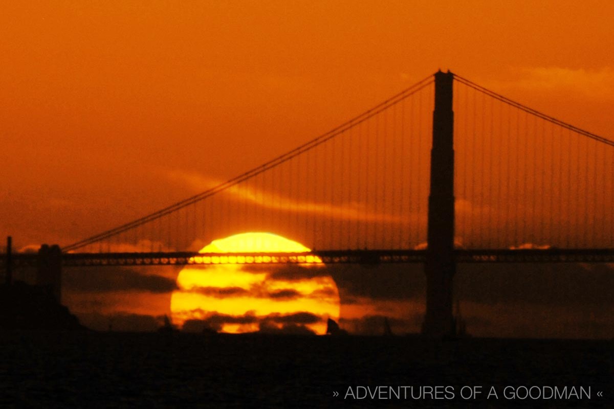 Sunset behind the Golden Gate Bridge and San Francisco, as seen from the Berkeley Yacht Club