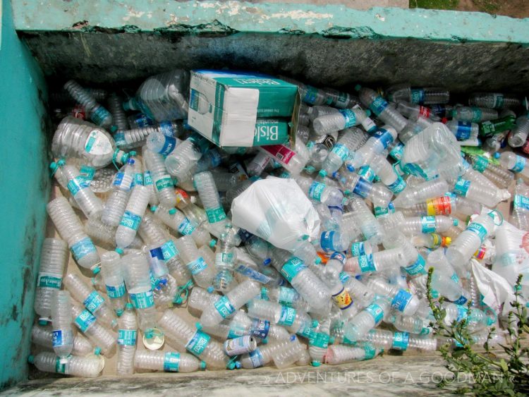 Water bottles are collected for recycling near the River View Cottages in Rishikesh