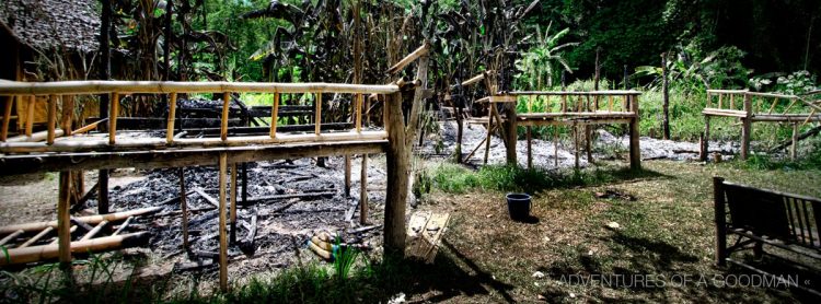 The ruins of the burned-out bungalows at Baan Pai Riverside in Pai, Thailand