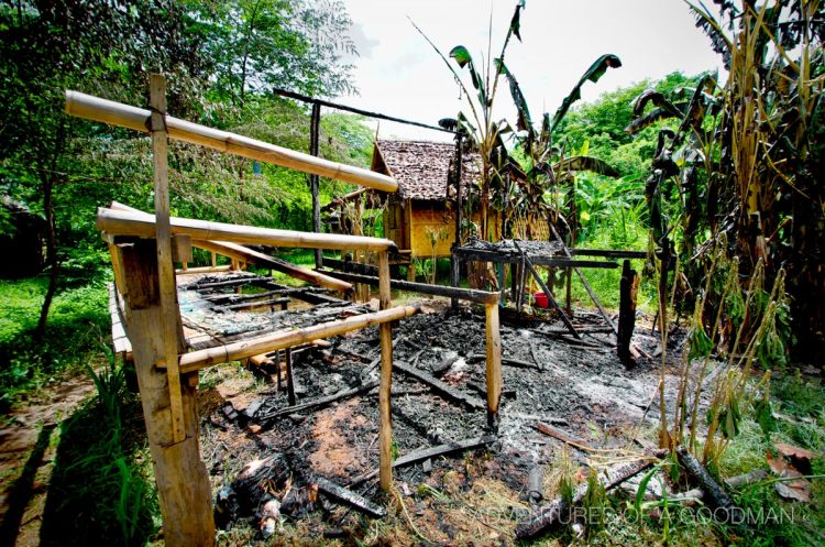 The remains of the fire-starting bungalow, with the hut we saved just beyond it — 10:49am