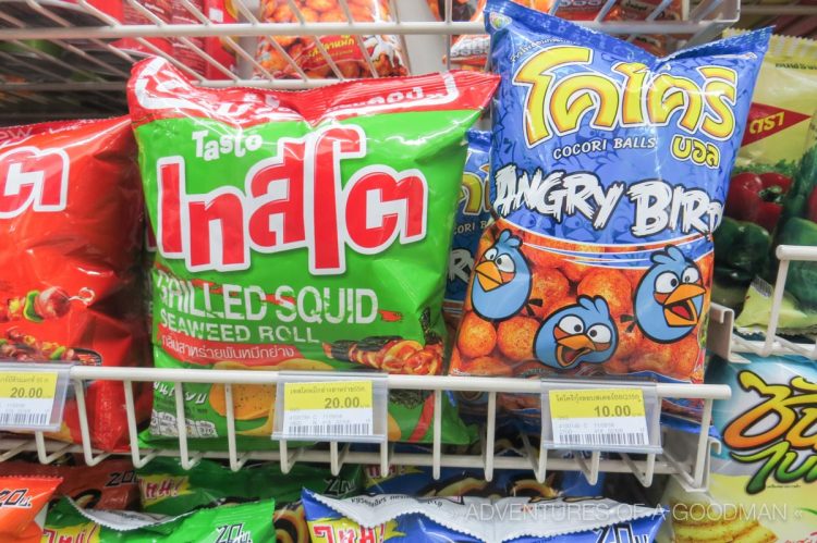 Angry Birds cheese balls next to Grilled Squid Seaweed Roll chips
