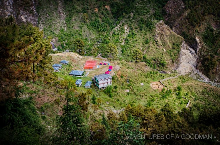 Houses and a campsite in the mountains above McLeod Ganj in Dharamasala, India