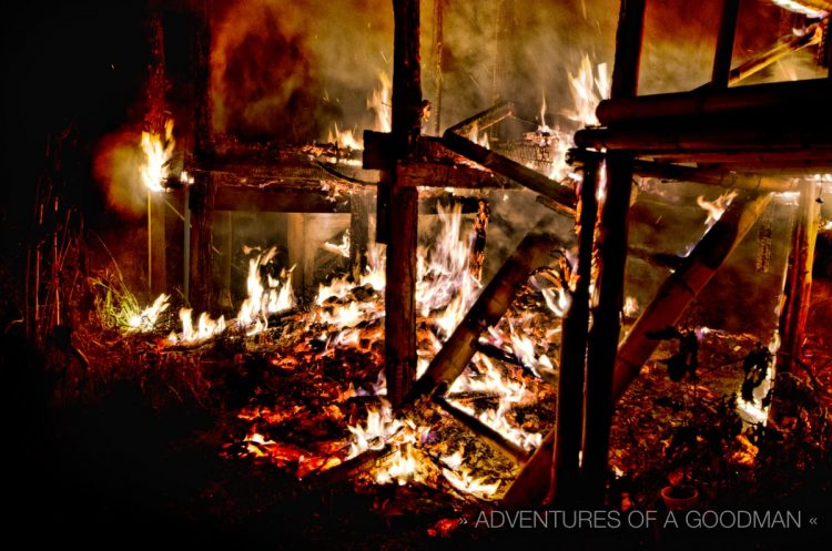 After the big flames have extinguished themselves, the stairs continue to burn at 3:27am