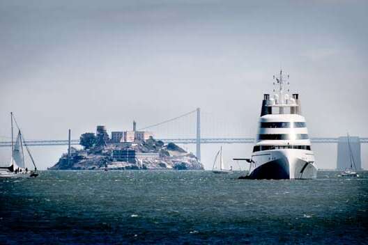 Alcatraz, the Bay Bridge and a giant cruise ship in the Sausalito Bay