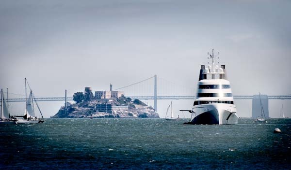 Alcatraz, the Bay Bridge and a giant cruise ship in the Sausalito Bay