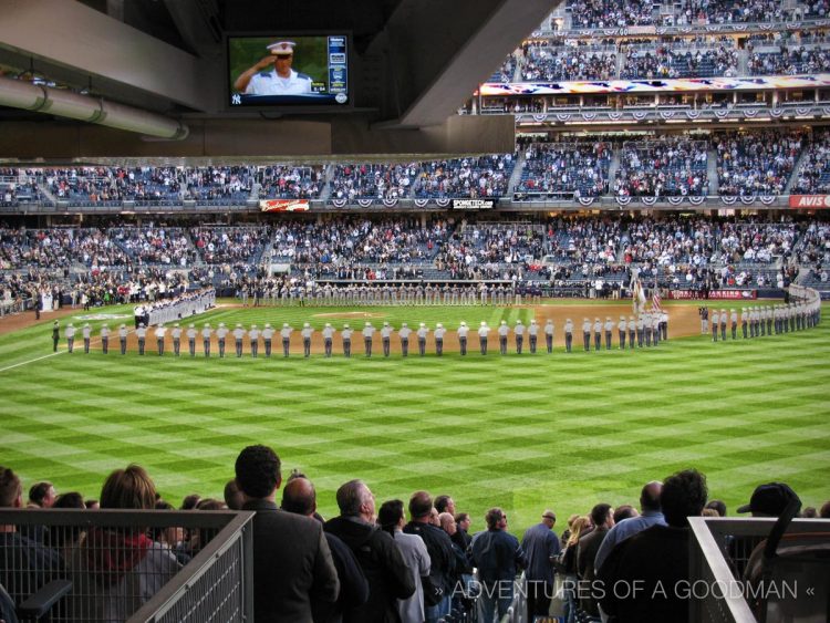 Players and soldiers lined up before the first ever playoff game at new Yankee Stadium -- ALDS Game 1 v Twins - October 7, 2009