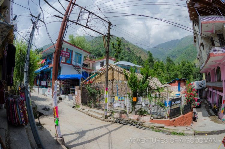 A fisheye photo view of the main street in Bhagsu, India