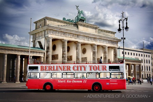 A tour bus outside the Brandenburg Gate in Berlin, Germany