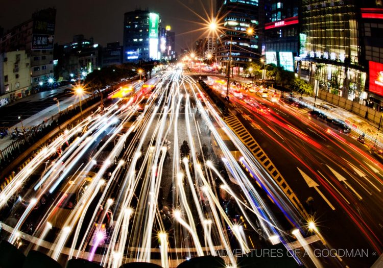 A 25 second exposure of downtown Taipei, Taiwan, next to the bus station, at 7:20pm