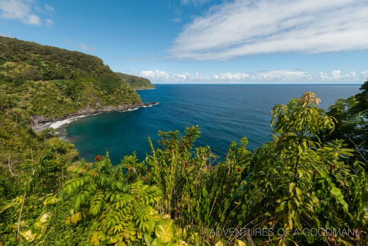 Views of the ocean from alongside the Hana Highway in Maui, Hawaii