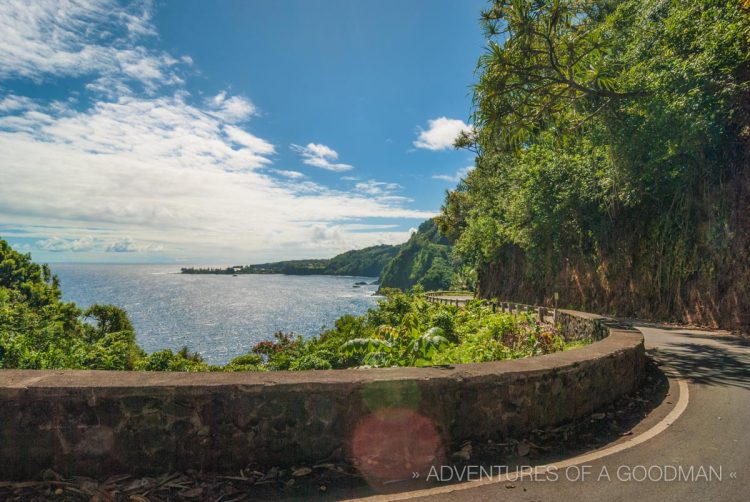 Driving alongside the Pacific Ocean on the Hana Highway in Maui, Hawaii